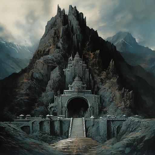 70s dark fantasy style painting, illustration of a stronghold made by dwarves, built into a mountain, epic gate, ornate stone designs, mountain with a large dwarven gate built into the rock face, mountain entrance