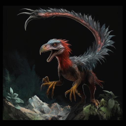 70s dark fantasy style painting, illustration of a velociraptor in a cave, feathered dinosaur, glowing eyes, dangerous,  ,