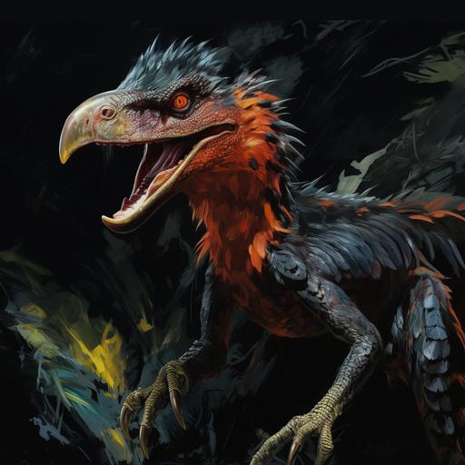 70s dark fantasy style painting, illustration of a velociraptor in a cave, feathered dinosaur, glowing eyes, dangerous,  ,