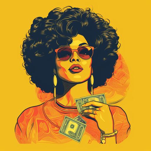 70s retro t shirt design of a black woman holding money