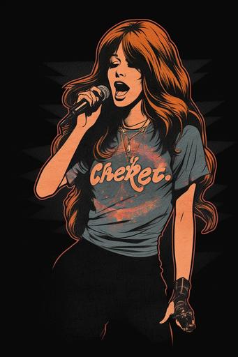 70s rock inspired t-shirt design with a female singer as the center of attention. No text included. --v 5 --ar 2:3