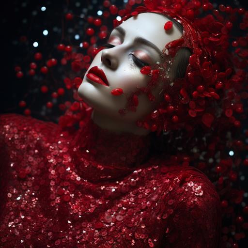 Full body, glittery makeup face with beads and sequins, red clothes, lifelike, real, quiet space, photographer