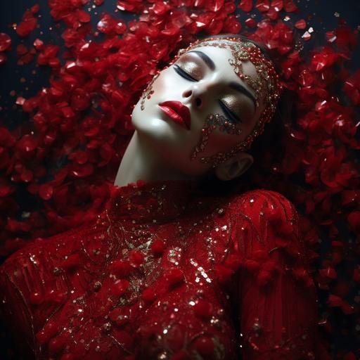 Full body, glittery makeup face with beads and sequins, red clothes, lifelike, real, quiet space, photographer