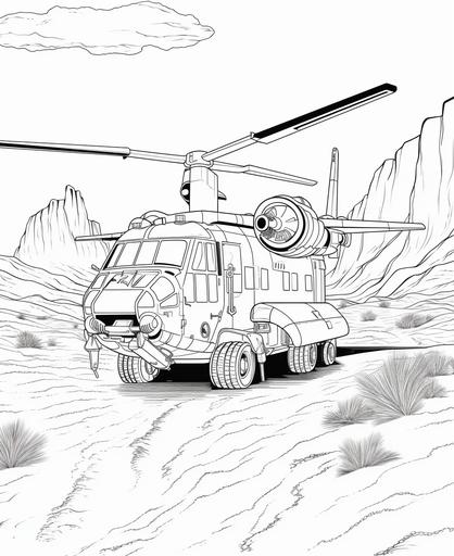 oloring pages for adults, army airplane in desert with machine gun, cartoon style, thick lines, ;ow detail, no shading --ar 9:11