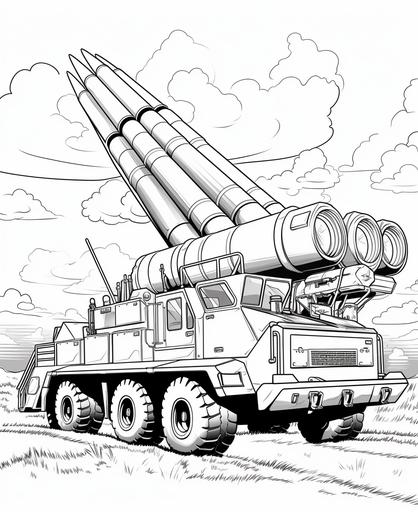 oloring pages for adults, army rocket launcher, cartoon style, thick lines, ;ow detail, no shading --ar 9:11