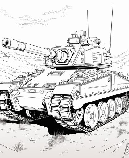 oloring pages for adults, army tank in desert with machine gun, cartoon style, thick lines, ;ow detail, no shading --ar 9:11