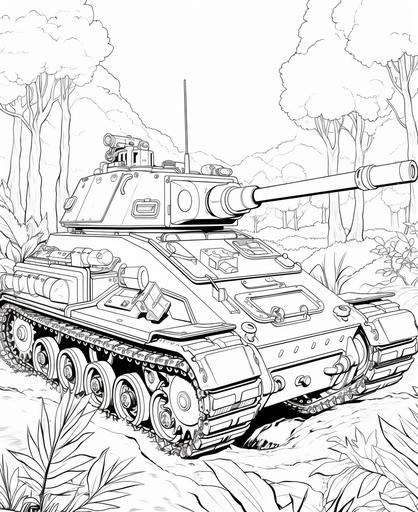 oloring pages for adults, army tank in jungle with machine gun, cartoon style, thick lines, ;ow detail, no shading --ar 9:11