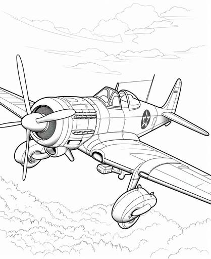 oloring pages for adults, fighter plane with machine gun, cartoon style, thick lines, ;ow detail, no shading --ar 9:11