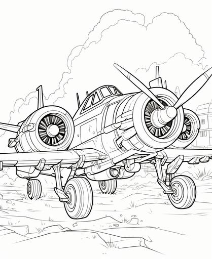 oloring pages for adults, fighter plane with machine gun, cartoon style, thick lines, ;ow detail, no shading --ar 9:11