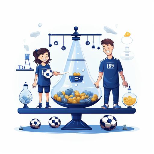 Pharmacy scale. Two people: a child and an adult. Child in cloths is sport, darck blue color. Theme soccer. style cartoon.