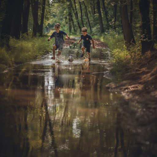 Two happy Polish boys, 14 years old, playing soccer over a large puddle in the forest, wearing dark navy blue sports outfits - t-shirt and shorts, summer, dynamics, bright exposure, photo, Nicon camera, portrait lens --ar 1:1