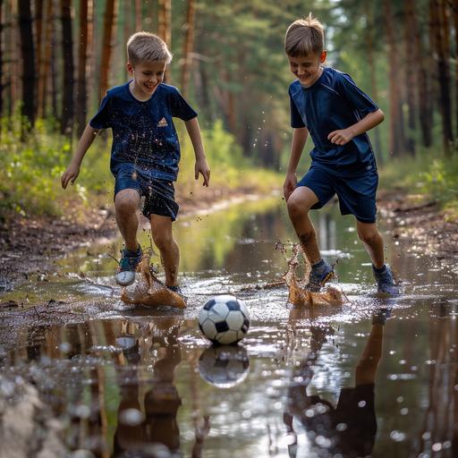 Two happy Polish boys, 14 years old, playing soccer over a large puddle in the forest, wearing dark navy blue sports outfits - t-shirt and shorts, summer, dynamics, bright exposure, photo, Nicon camera, portrait lens