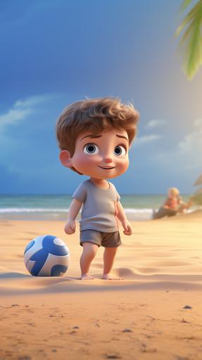 a baby to play on the beach, gray t-shirt and blue shorts, our ball lies next to him, style Pixar --ar 9:16