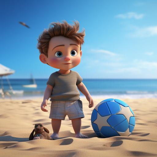 a baby to play on the beach, gray t-shirt and blue shorts, our ball lies next to him, style Pixar