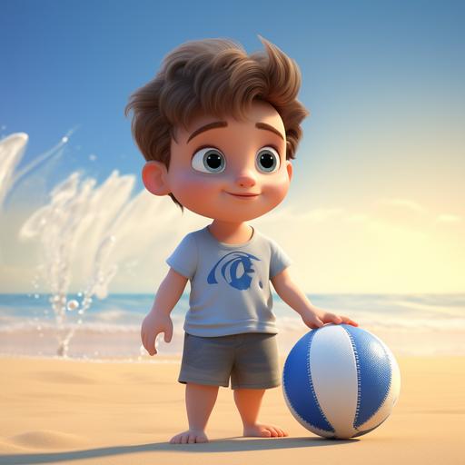 a baby to play on the beach, gray t-shirt and blue shorts, our ball lies next to him, style Pixar