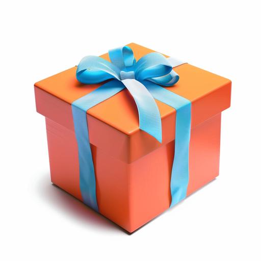 gift from animation, carton style, orange color, ribbon is blue, background is white --no people, animal