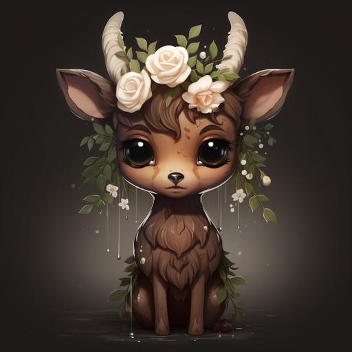 little cute sad deer, brown skin, huge eyes, black colors, anime, disney, white roses