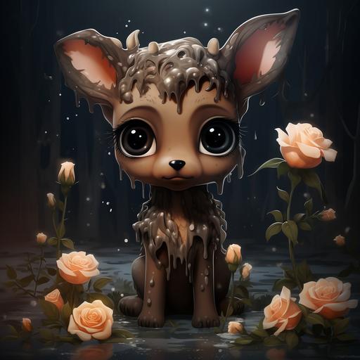 little cute sad deer, brown skin, huge eyes, black colors, anime, disney, white roses