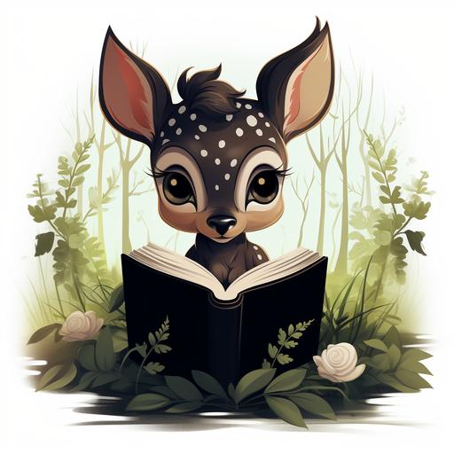 little deer with book, black, dark, deer reading book, dairy, disney, anime, nostalgy, in forest, sad deer, logothyp, logo for blog