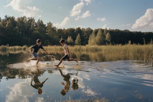 two Polish boys of 14 years old play soccer by the lake, wearing dark blue uniforms - t-shirt and shorts, summer, background is forest, profesional camera Nicon, very light:: exposition, dynamic --v 6.0 --no painting --ar 3:2
