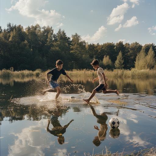 two Polish boys of 14 years old play soccer by the lake, wearing dark blue uniforms - t-shirt and shorts, summer, background is forest, profesional camera Nicon, very light:: exposition, dynamic --v 6.0 --no painting