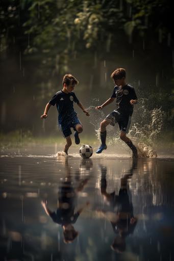 two Polish boys of 14 years old play soccer by the lake, wearing dark blue uniforms - t-shirt and shorts, summer, background is forest, profesional camera Nicon, very light:: exposition, dynamic --v 6.0 --no painting --ar 2:3
