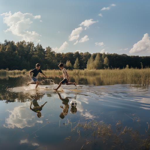 two Polish boys of 14 years old play soccer by the lake, wearing dark blue uniforms - t-shirt and shorts, summer, background is forest, profesional camera Nicon, very light:: exposition, dynamic --v 6.0 --no painting --ar 1:1
