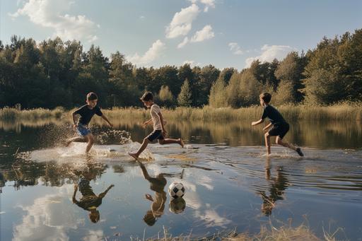 two Polish boys of 14 years old play soccer by the lake, wearing dark blue uniforms - t-shirt and shorts, summer, background is forest, profesional camera Nicon, very light:: exposition, dynamic --v 6.0 --no painting --ar 3:2