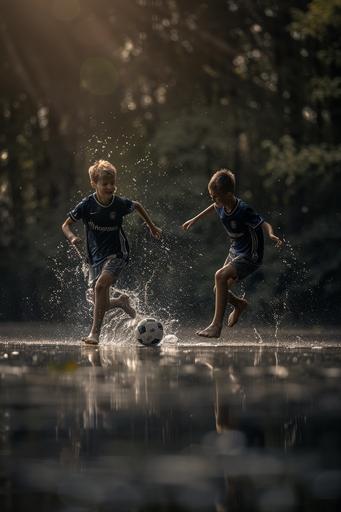 two Polish boys of 14 years old play soccer by the lake, wearing dark blue uniforms - t-shirt and shorts, summer, background is forest, profesional camera Nicon, very light:: exposition, dynamic --v 6.0 --no painting --ar 2:3