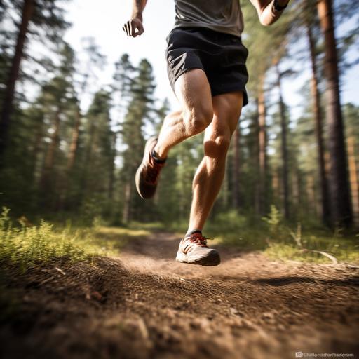 An adult male runner in mid-stride, exhibiting a sense of speed with a motion blur effect, particularly noticeable in the background photograph presents a close-up, dynamic view of a male runner's legs in action, capturing a moment of his run on what appears to be a swedish forrest trail. Captured with a motion blur effect to convey speed and movement. The background is a blurred natural setting. The focus is on the runner, The image focuses on his lower body, showcasing muscular, well-defined calves indicative of a seasoned runner. He's wearing black shorts with a graphic or logo on the left leg, and black socks with the bold red logo of HOKA, a brand known for its running shoes, which are also visible in black with red detailing on the sole. The setting suggests a dusky or twilight time, with ambient light illuminating the runner's skin and creating a soft glow on the surrounding dry grass and rocks. The ground is composed of of a rugged outdoor trail, and the perspective of the shot is from the ground up, giving a sense of immediacy and focus on the runner's stride and footwear. * Wide landscape * City landscape * Sony Alpha α7, ISO1900, Leica M * photorealistic intricate details * volumetric light, hard flash lightning * Not too over the top