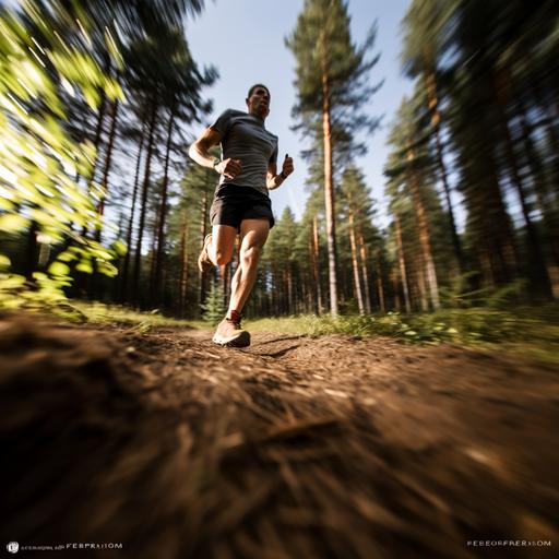 An adult male runner in mid-stride, exhibiting a sense of speed with a motion blur effect, particularly noticeable in the background photograph presents a close-up, dynamic view of a male runner's legs in action, capturing a moment of his run on what appears to be a swedish forrest trail. Captured with a motion blur effect to convey speed and movement. The background is a blurred natural setting. The focus is on the runner, The image focuses on his lower body, showcasing muscular, well-defined calves indicative of a seasoned runner. He's wearing black shorts with a graphic or logo on the left leg, and black socks with the bold red logo of HOKA, a brand known for its running shoes, which are also visible in black with red detailing on the sole. The setting suggests a dusky or twilight time, with ambient light illuminating the runner's skin and creating a soft glow on the surrounding dry grass and rocks. The ground is composed of of a rugged outdoor trail, and the perspective of the shot is from the ground up, giving a sense of immediacy and focus on the runner's stride and footwear. * Wide landscape * City landscape * Sony Alpha α7, ISO1900, Leica M * photorealistic intricate details * volumetric light, hard flash lightning * Not too over the top