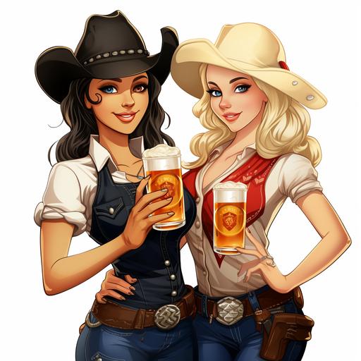 no background, 2 pretty cowgirl, blond and dark hair, beer, cartoon style