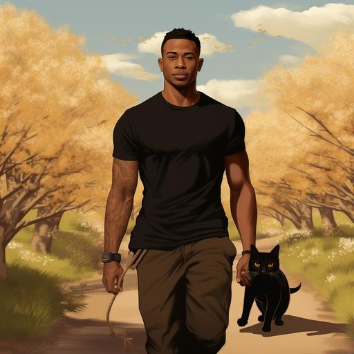 African american man wearing a plain black tshirt, with a brown tabby cat walking in the spring background