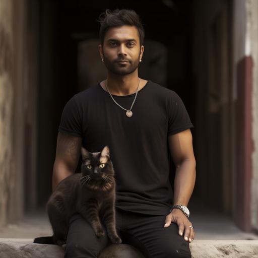 Indian man wearing a plain black tshirt, with a brown tabby cat walking in the background