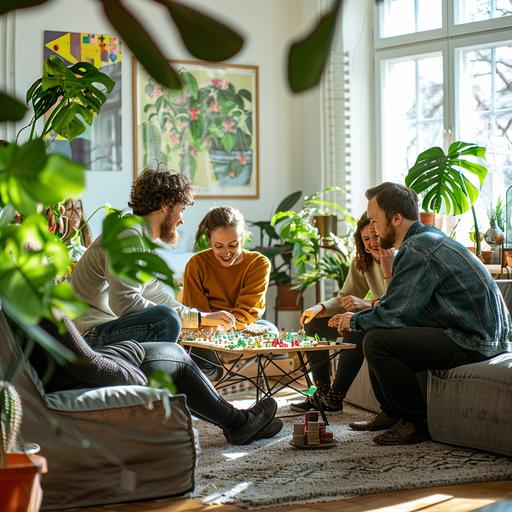 group of friends playing a board game togheter in a bright living room with greem plants