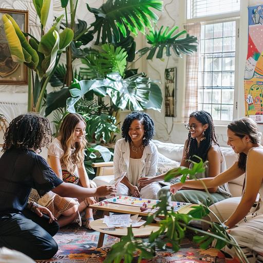 group of friends playing a board game togheter in a bright living room with greem plants