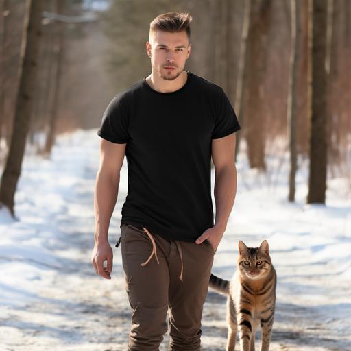 man wearing a plain black tshirt, with a brown tabby cat walking in the winter background