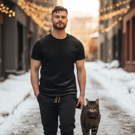 man wearing a plain black tshirt, with a brown tabby cat walking in the winter background
