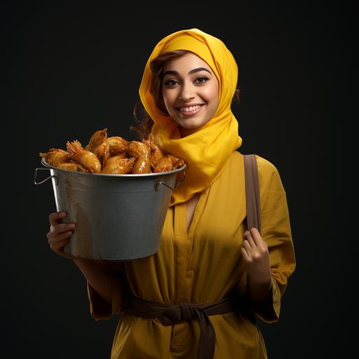 super happy modern arab girl holding a bucket of cripsy fried chicken, use deep dark and funky yellow overall