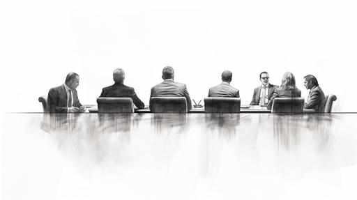 a view from the back of the table a corporate meeting client not happy in the meeting simple pencil sketch plain white background --ar 16:9