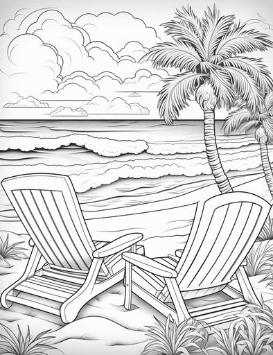 Coloring book pages, Draw a beach scene with ocean waves, two recliners and some coconut trees , cartoon styles, thick lines, low detail, no shading, --ar 85:110