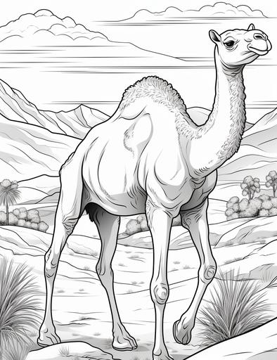 Coloring book pages, Draw a beautiful camel walking in the desert , cartoon styles, thick lines, low detail, no shading, --ar 85:110
