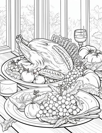 Coloring book pages, Draw a beautifully presented tray with turkey, steak, and salad , cartoon styles, thick lines, low detail, no shading, --ar 85:110