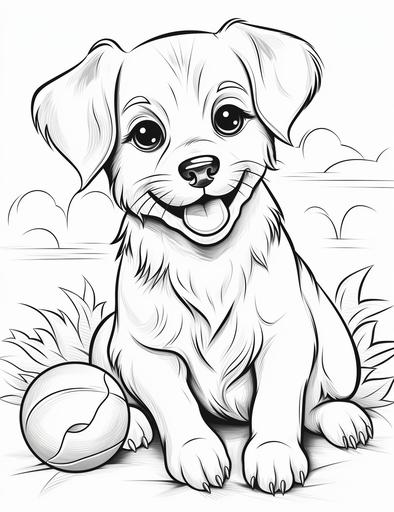Coloring book pages, Draw a cute dog playing with a ball, cartoon styles, thick lines, low detail, no shading, --ar 85:110