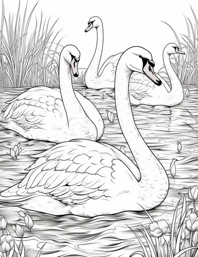 Coloring book pages, Draw a flock of swans swimming in the lake, cartoon styles, thick lines, low detail, no shading, --ar 85:110