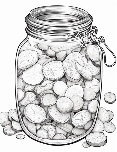 Coloring book pages, Draw a glass jar full of coins , cartoon styles, thick lines, low detail, no shading, --ar 85:110