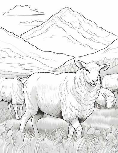 Coloring book pages, Draw a herd of sheep eating grass behind the mountain , cartoon styles, thick lines, low detail, no shading, --ar 85:110