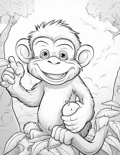 Coloring book pages, Draw a mischievous monkey climbing and eating bananas , cartoon styles, thick lines, low detail, no shading, --ar 85:110