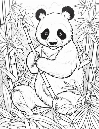 Coloring book pages, Draw a panda eating bamboo in the bamboo forest , cartoon styles, thick lines, low detail, no shading, --ar 85:110