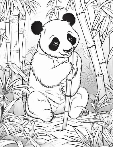 Coloring book pages, Draw a panda eating bamboo in the bamboo forest , cartoon styles, thick lines, low detail, no shading, --ar 85:110